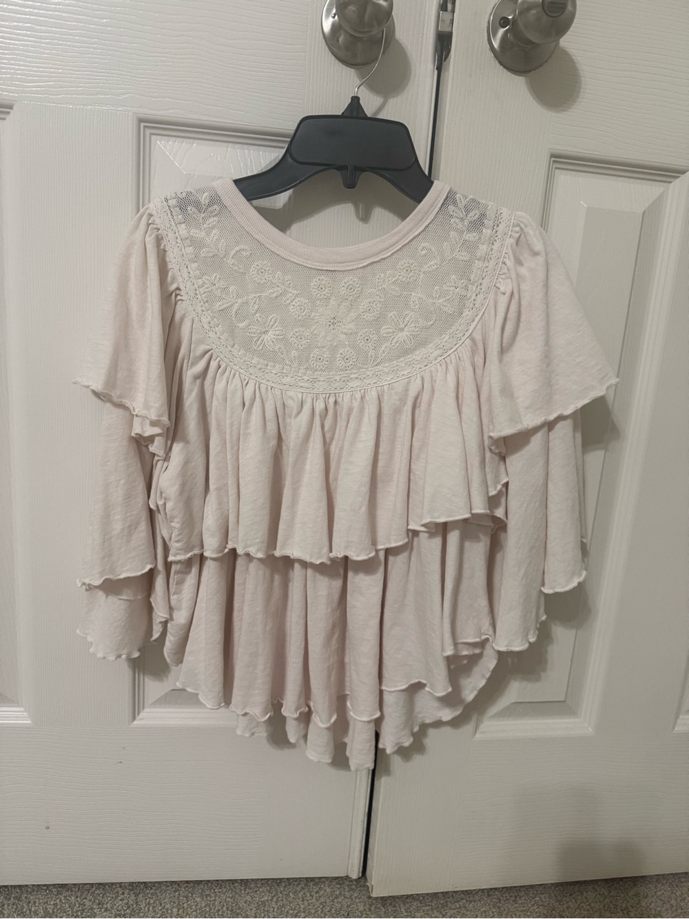 FREE PEOPLE small Woven Lace Yoke Ruffle Women's Top - Soft Blush